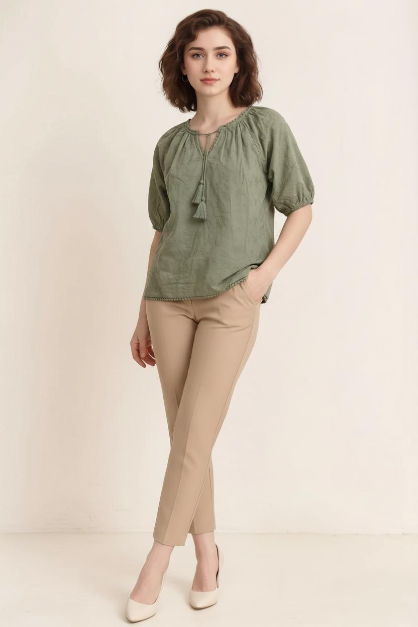 Women Olive Embroidered Tie-Up Neck Puff Sleeve Cotton Top