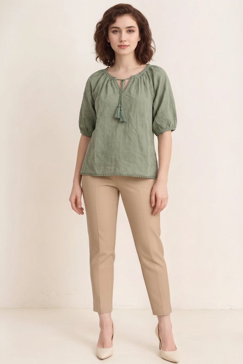Women Olive Embroidered Tie-Up Neck Puff Sleeve Cotton Top