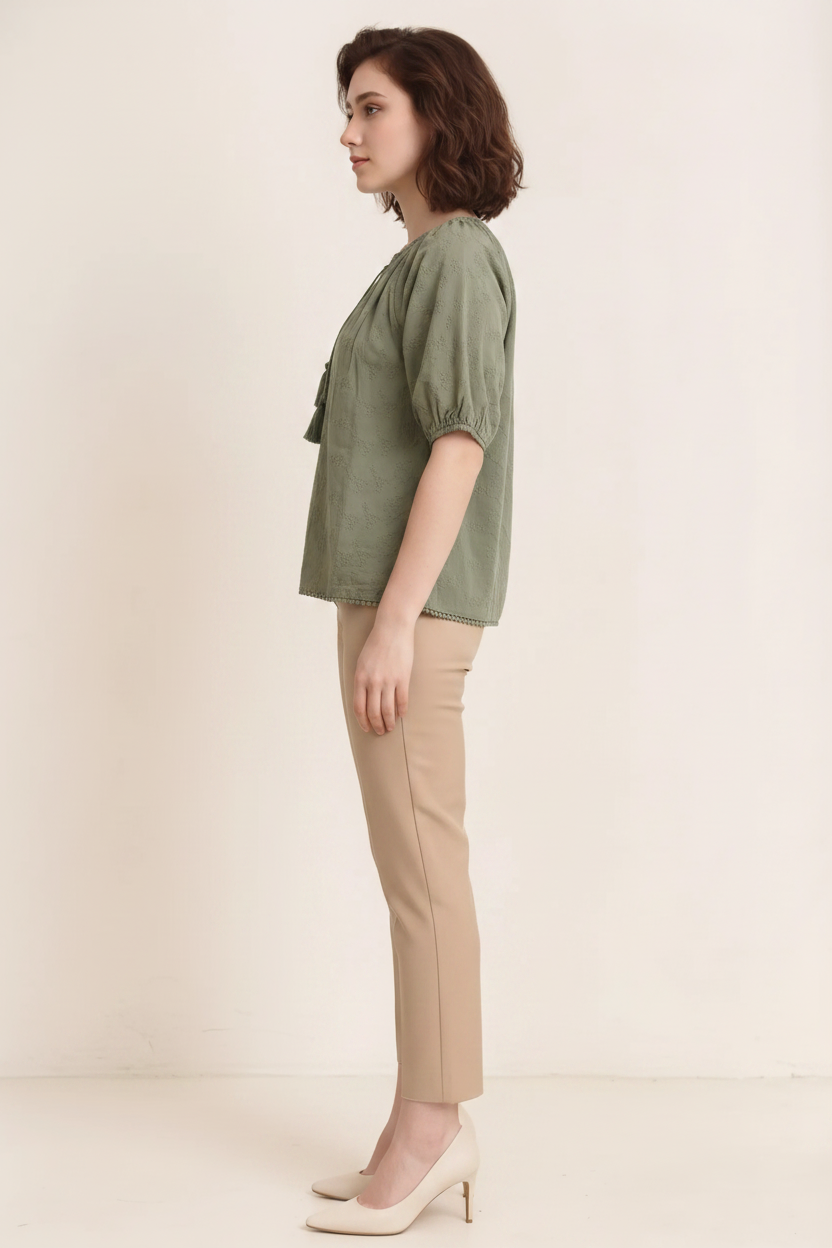 Women Olive Embroidered Tie-Up Neck Puff Sleeve Cotton Top
