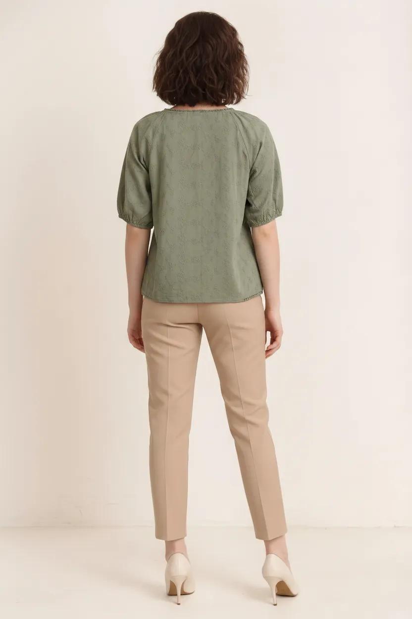 Women Olive Embroidered Tie-Up Neck Puff Sleeve Cotton Top