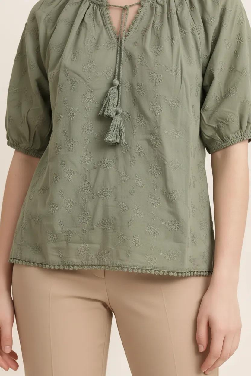 Women Embroidered Tie-Up Neck Puff Sleeve Cotton Top