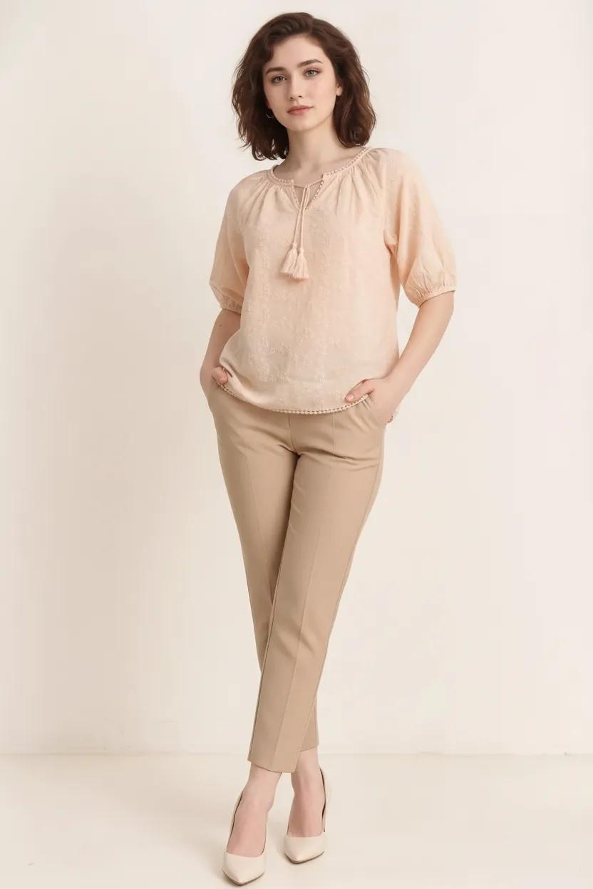 Women Pink Embroidered Tie-Up Neck Puff Sleeve Cotton Top