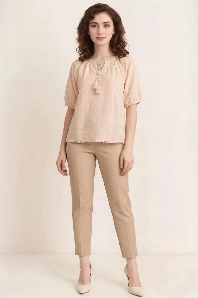 Women Pink Embroidered Tie-Up Neck Puff Sleeve Cotton Top