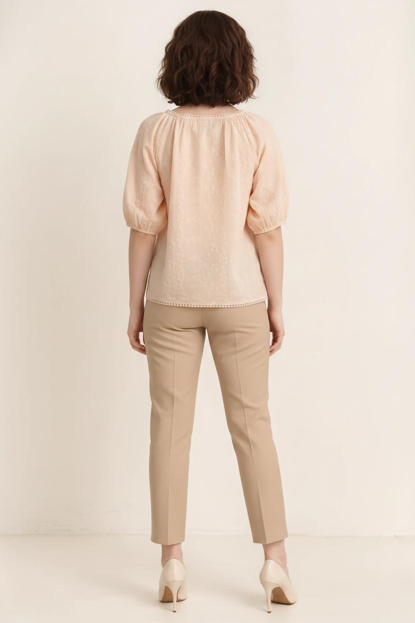Women Pink Embroidered Tie-Up Neck Puff Sleeve Cotton Top