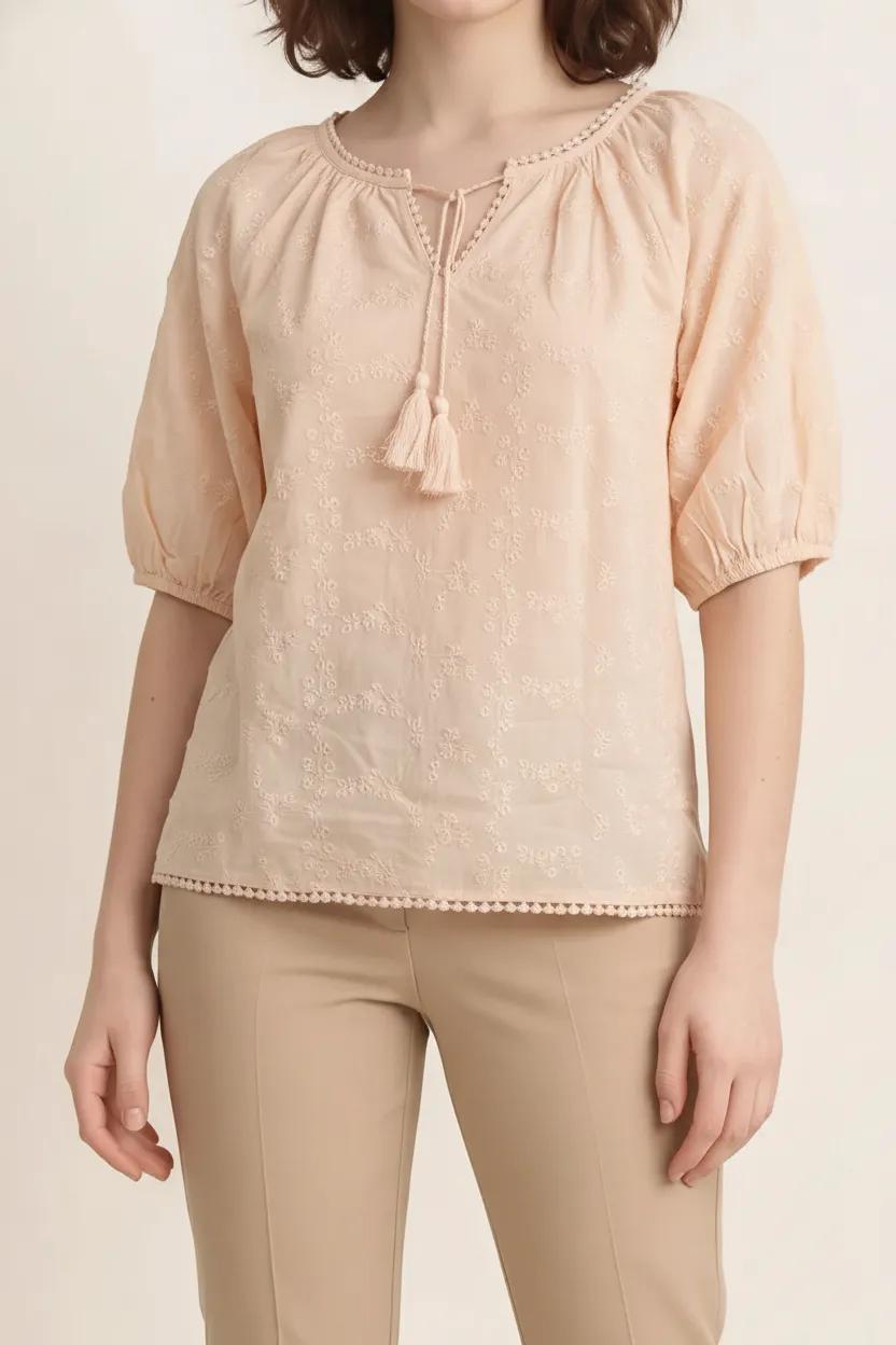 Women Pink Embroidered Tie-Up Neck Puff Sleeve Cotton Top