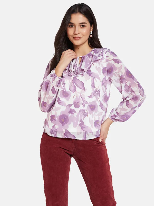 Mettle Floral Print Tie-Up Neck Cotton Top