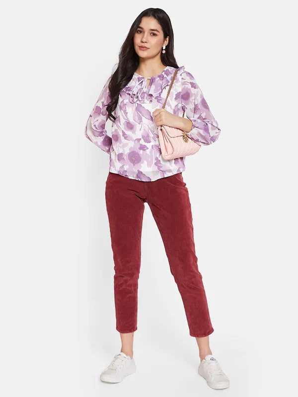 Mettle Floral Print Tie-Up Neck Cotton Top