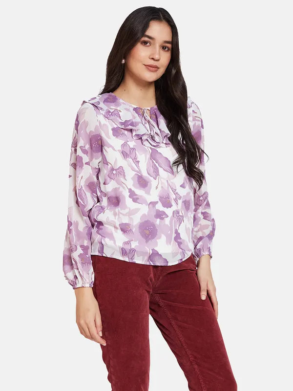 Mettle Floral Print Tie-Up Neck Cotton Top