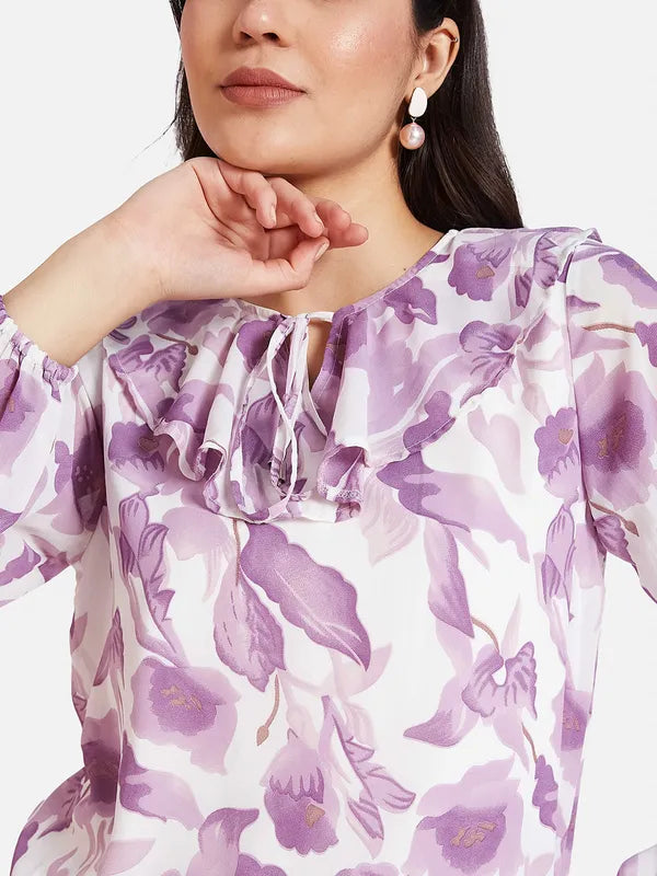 Mettle Floral Print Tie-Up Neck Cotton Top