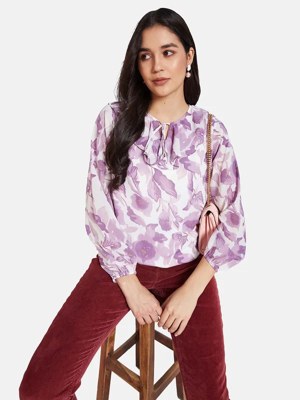 Mettle Floral Print Tie-Up Neck Cotton Top