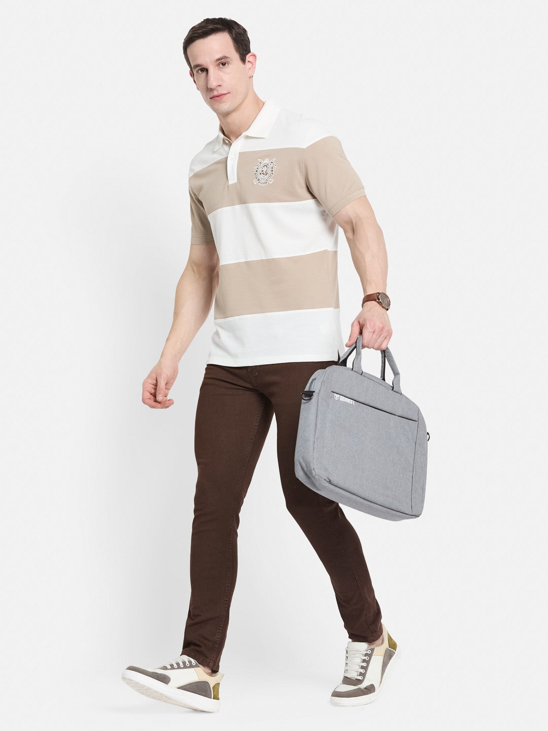 COLOUR BLOCKED CUTN SEW STRIPE EMBROIDED APPLIQUE  T-SHIRT