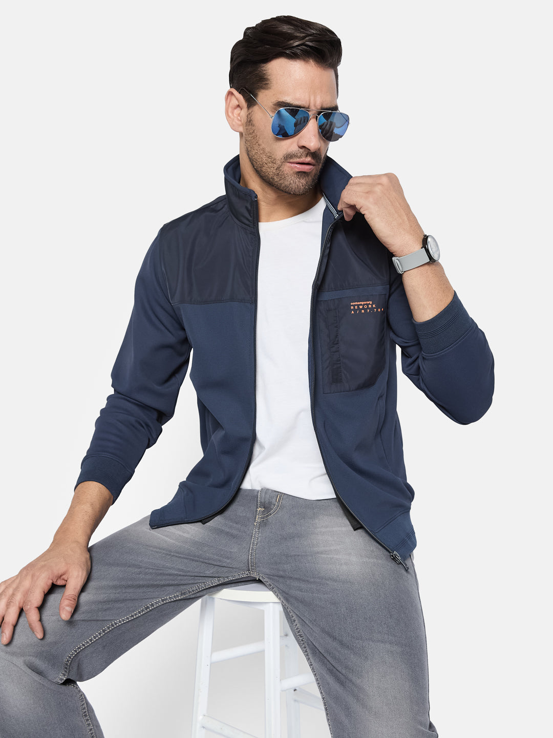 Octave Men Colourblocked Front-Open Sweatshirt