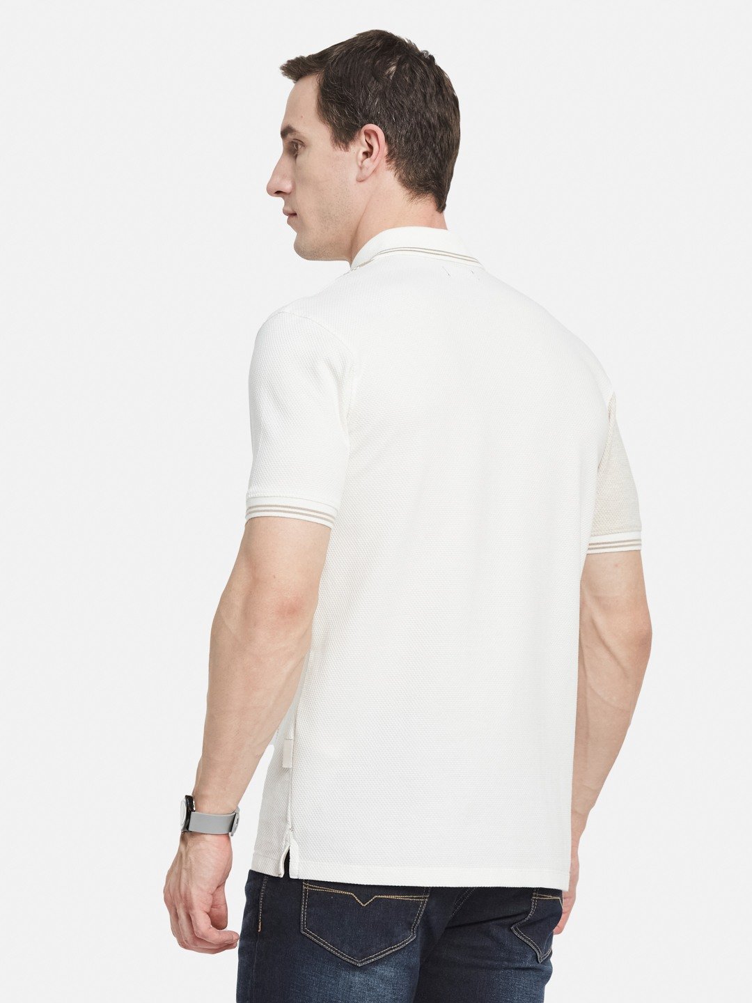VERTICAL STRIPE  HALF-ZIP POLO NECK POPCORN KNIT LYCRA  T-SHIRT