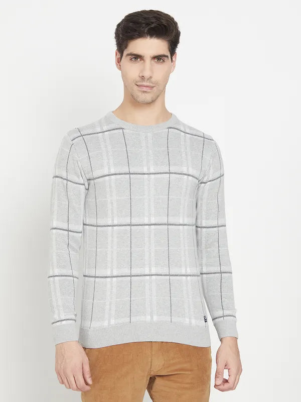 Grey White Checked Cotton Full Sleeve Pullover Sweater