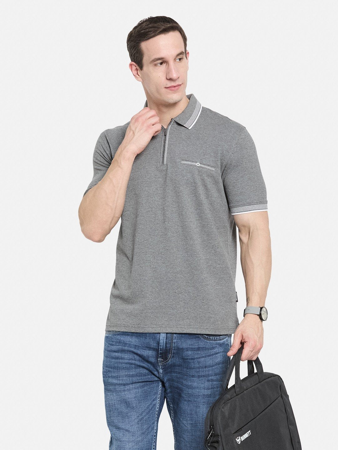 SOLID HALF-ZIP  POLO NECK POPCORN KNIT T-SHIRT