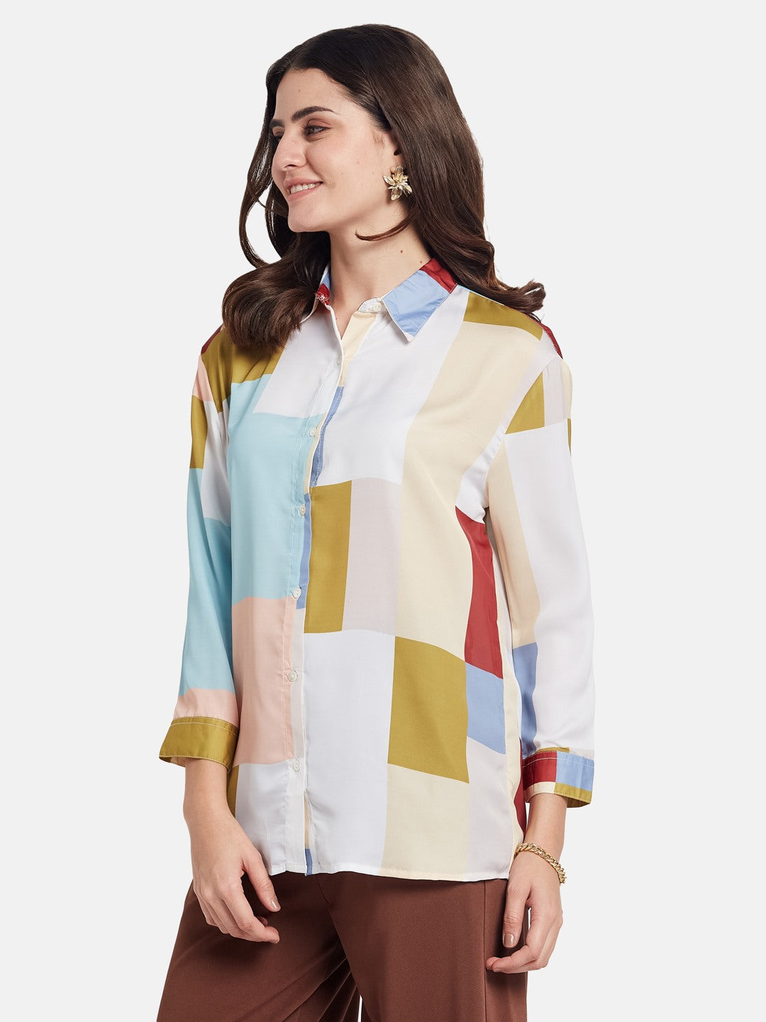 METTLE Women Colourblocked Cotton Shirt Style Top