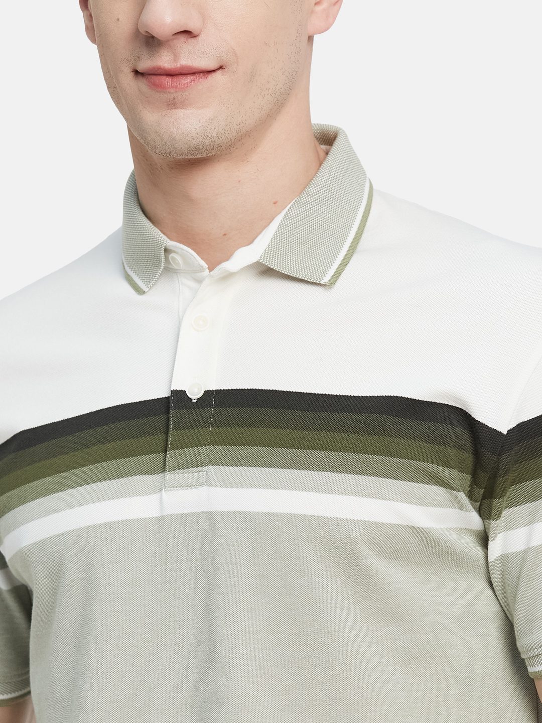 HORIZONTAL STRIPE POLO NECK PIQUE LYCRA  T-SHIRT