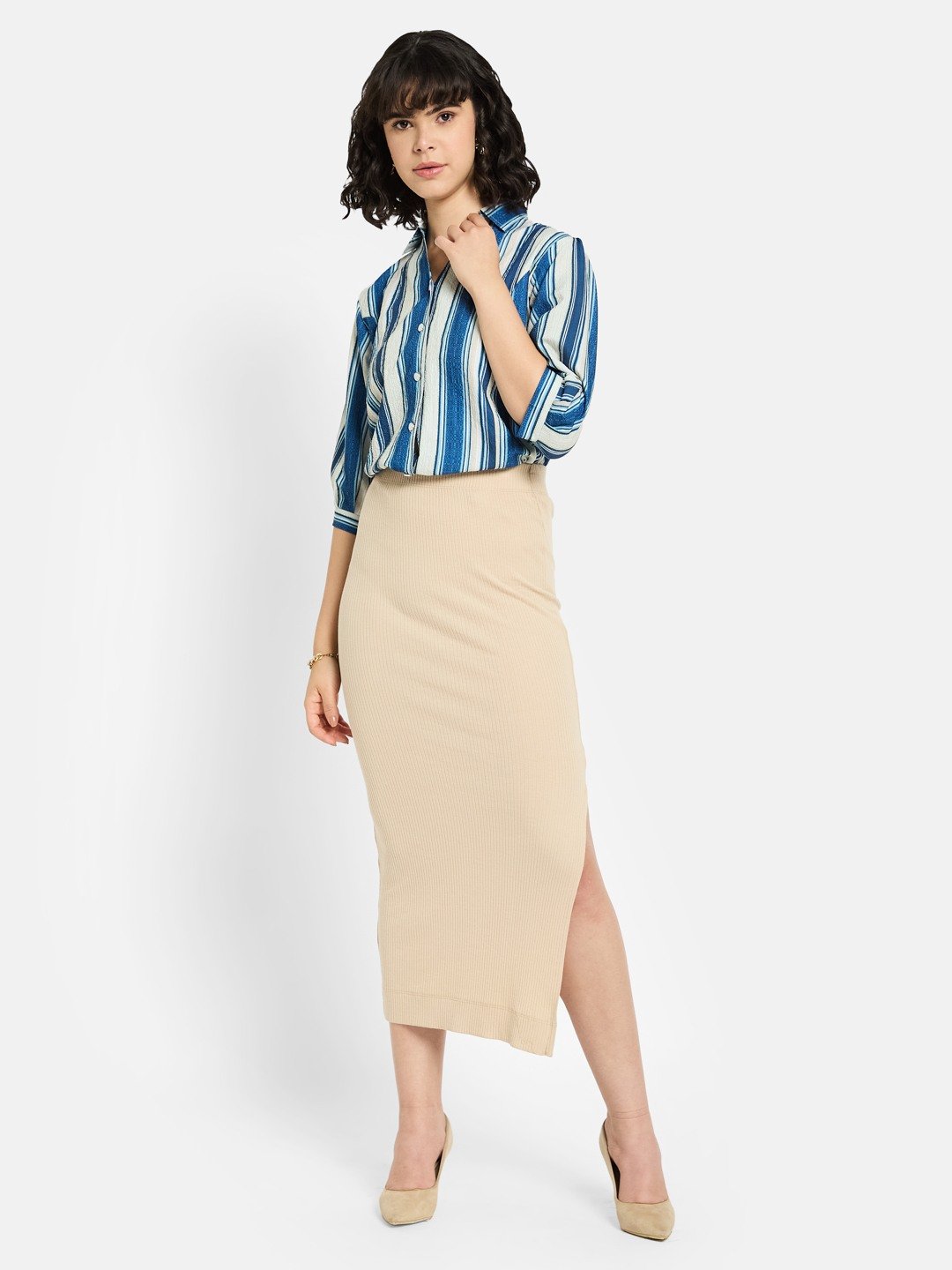METTLE Women Spread Collar Vertical Striped Cotton Casual Shirt