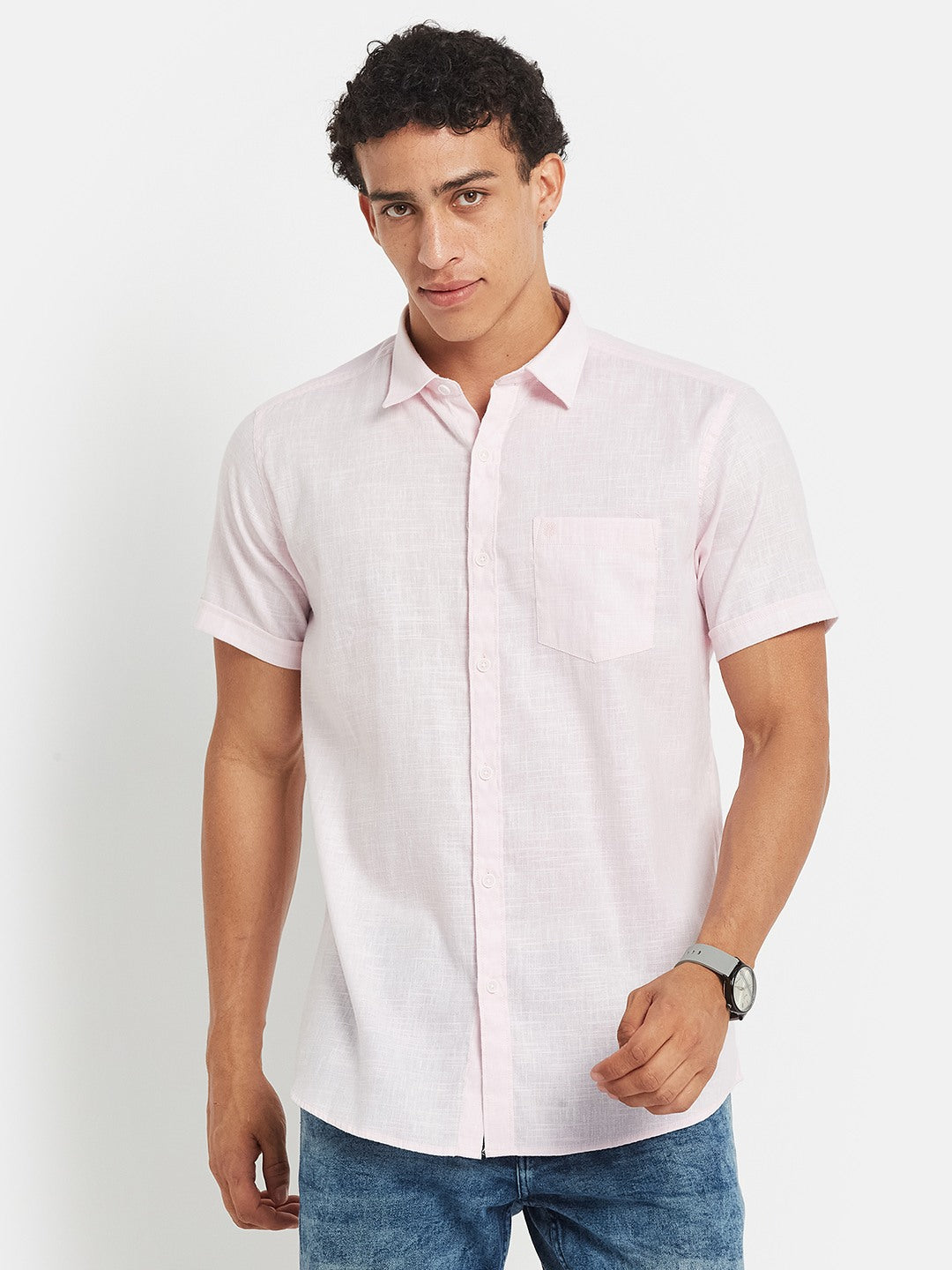 METTLE Men Solid Spread Collar Cotton Casual Shirt