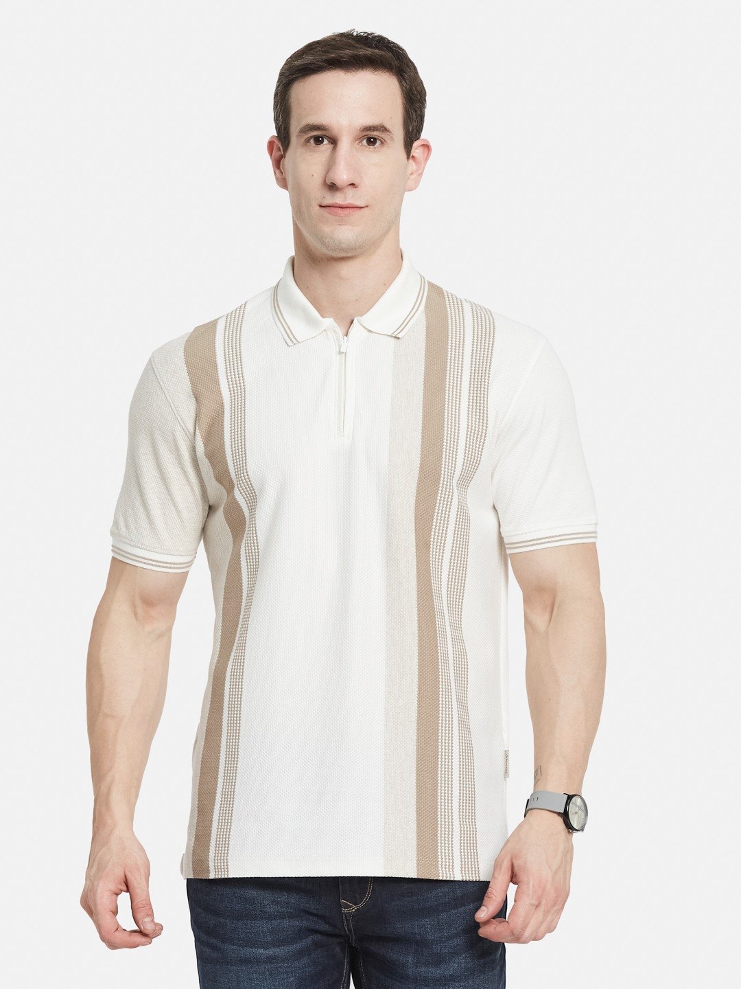 VERTICAL STRIPE  HALF-ZIP POLO NECK POPCORN KNIT LYCRA  T-SHIRT