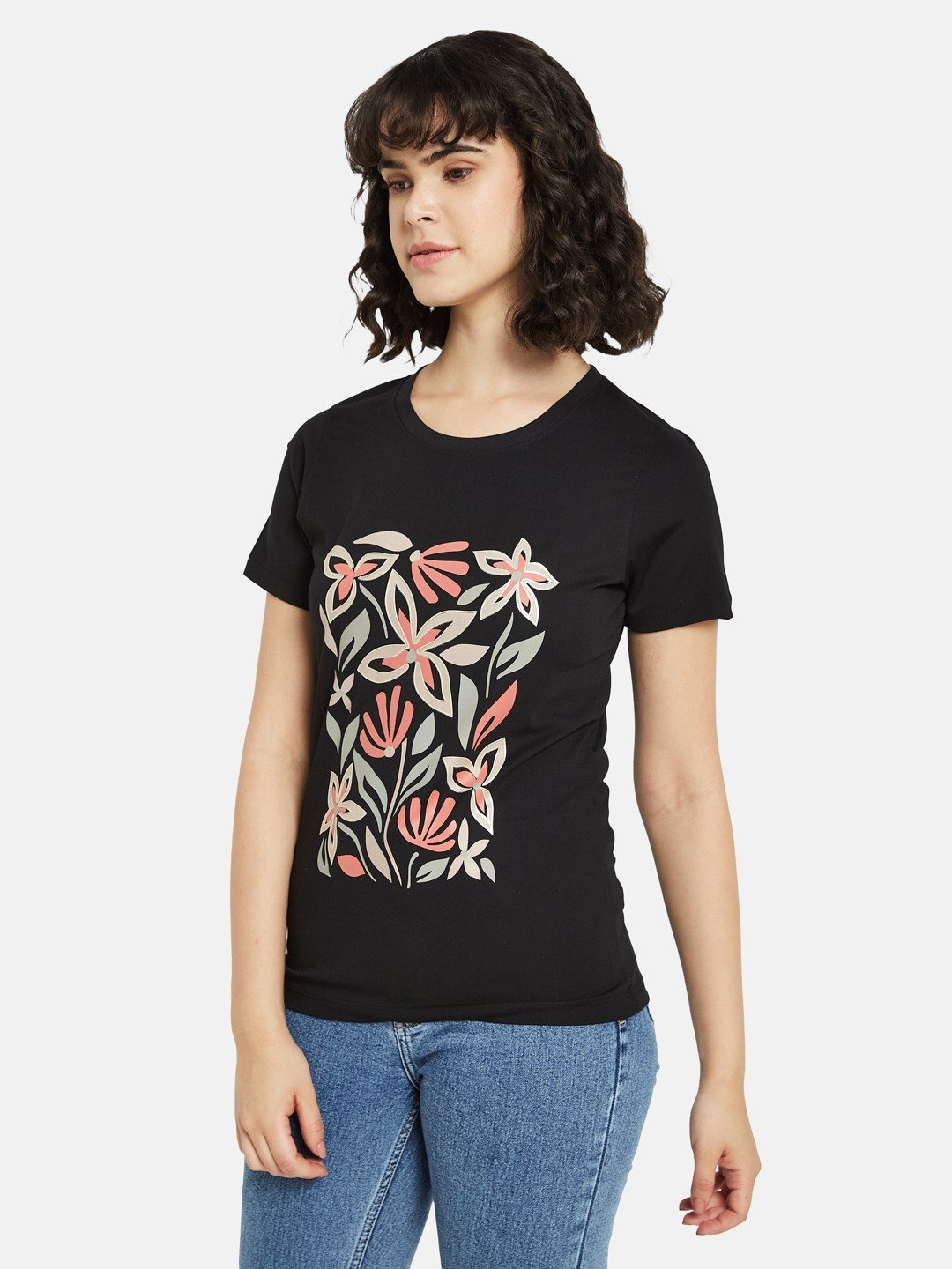 METTLE Women Floral Printed Round Neck Cotton T-shirt