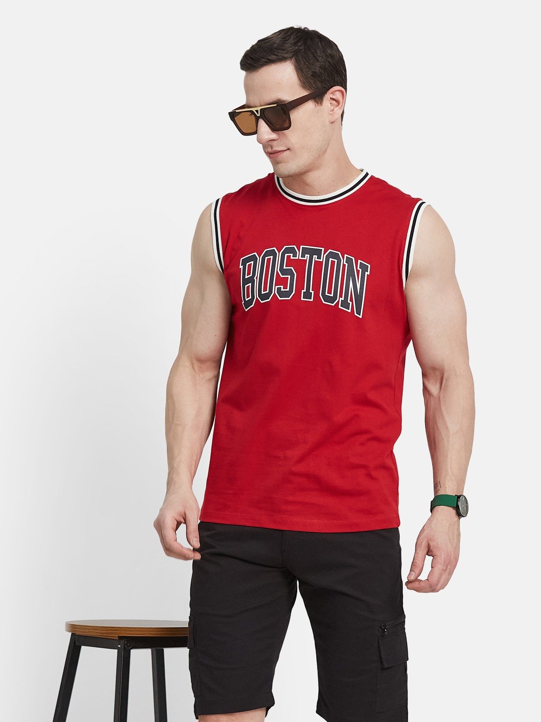 CHEST PRINT ROUND NECK SHANDOW SINGLE JERSEY KNIT  T-SHIRT