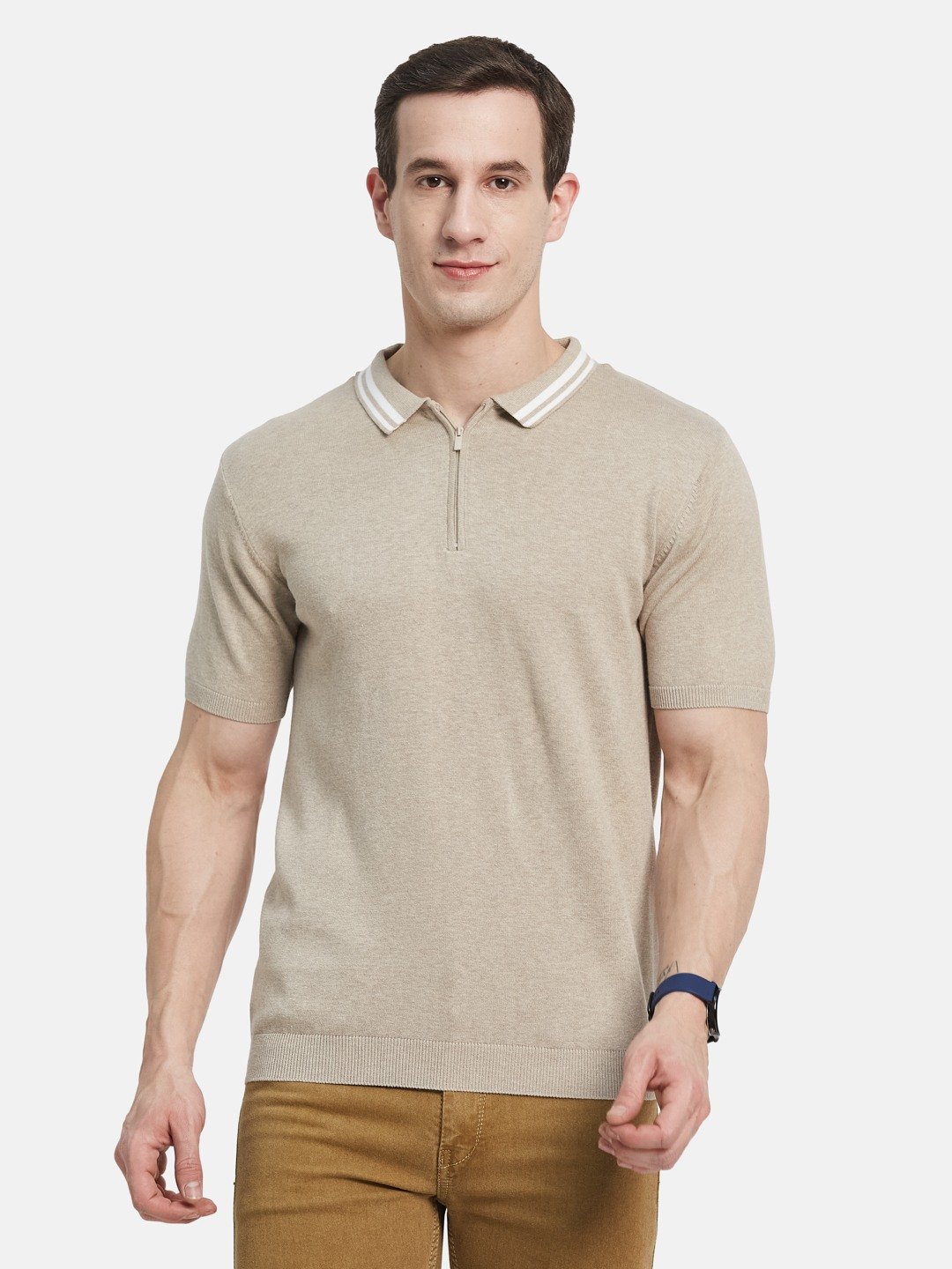 METTLE Men Solid Polo Collar Cotton T-shirt