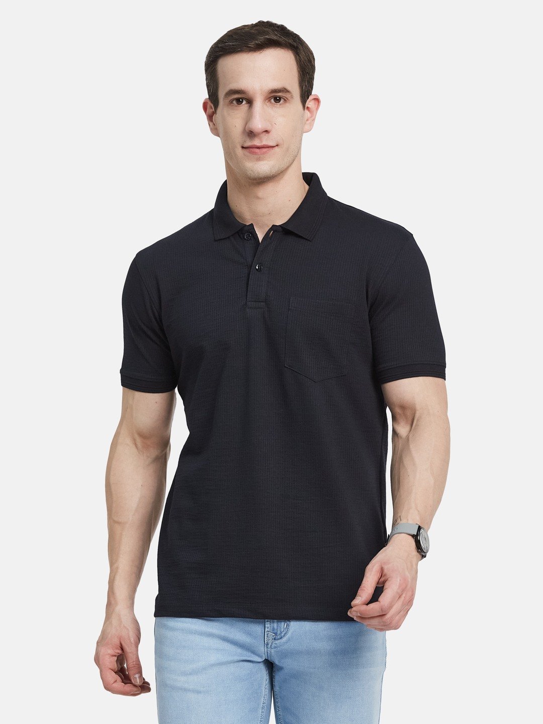 SOLID POLO NECK FRONT OPEN POCKET  SEER SUCKER T-SHIRT