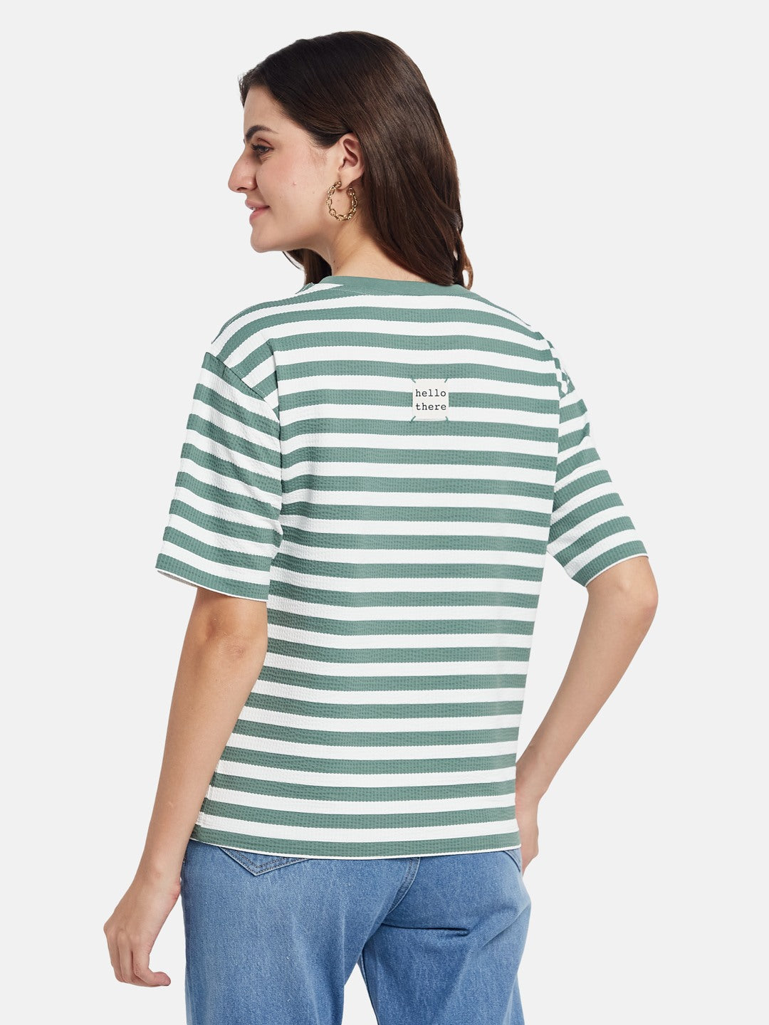METTLE Striped Printed Round Neck Casual T-shirt