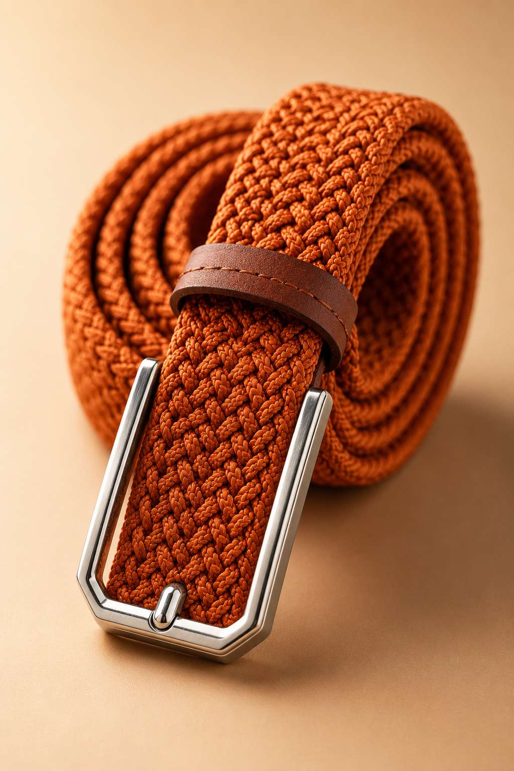 Khaki Braided Woven Men’s Belt with Metallic Pin Buckle | Stretchable Casual Belt