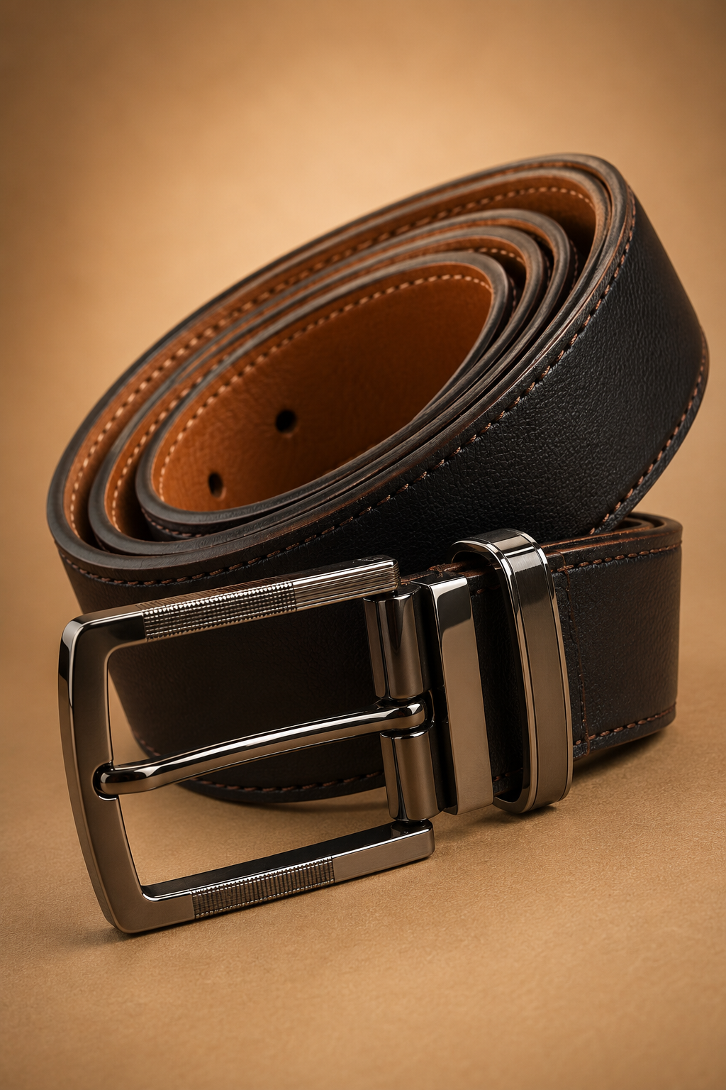 Black-Brown Textured Men’s Belt with Gunmetal Pin Buckle & Metal Keeper | Formal and Casual Belt