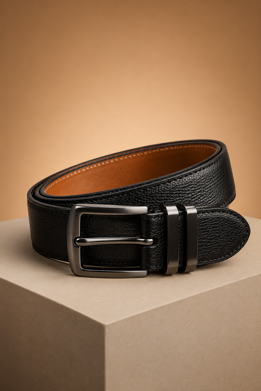 Black Textured Men’s Belt with Gunmetal Pin Buckle &  Metal Keeper | Formal and Casual Belt
