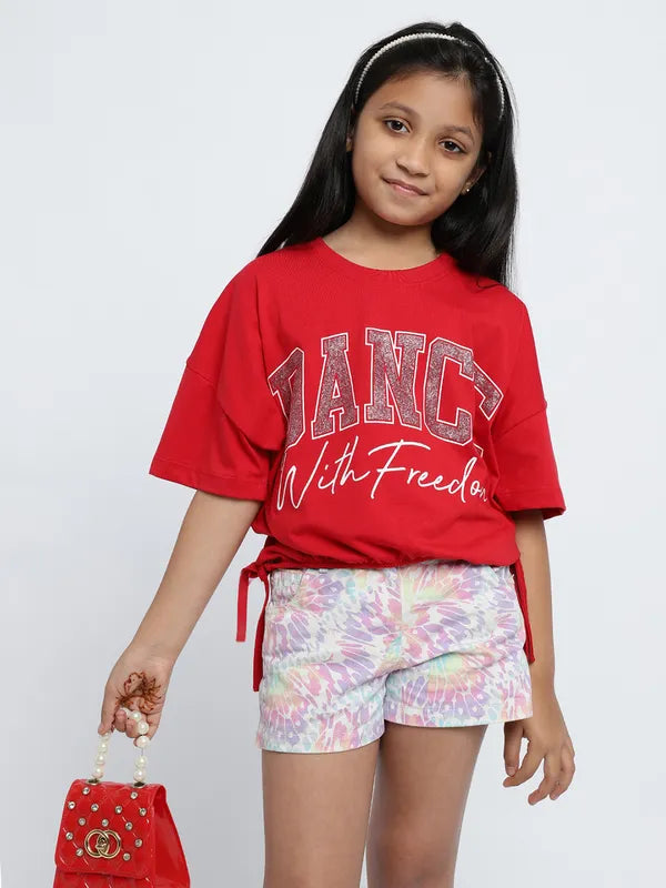 Mettle Girls Red Typography Printed Embellished Cotton Casual Crop T-Shirt