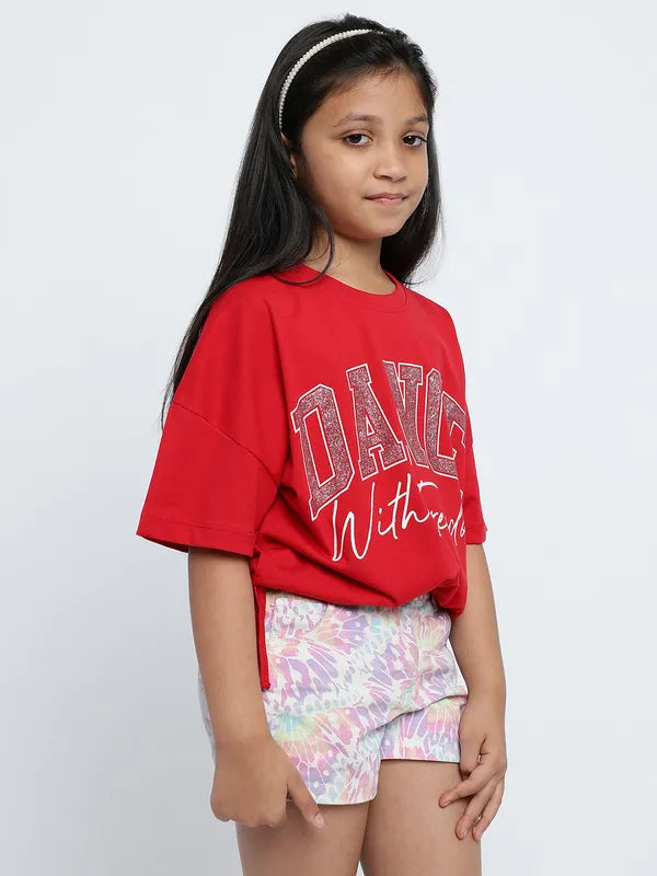 Mettle Girls Red Typography Printed Embellished Cotton Casual Crop T-Shirt