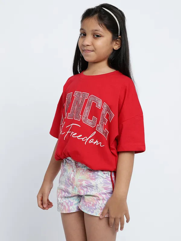 Mettle Girls Red Typography Printed Embellished Cotton Casual Crop T-Shirt