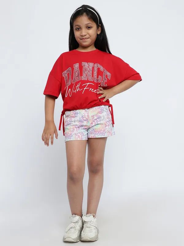 Mettle Girls Red Typography Printed Embellished Cotton Casual Crop T-Shirt