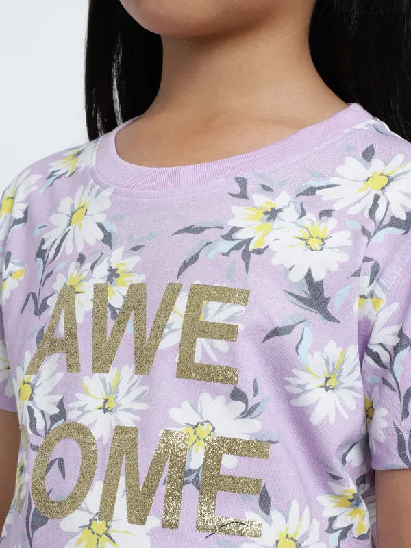 Mettle Girls Floral Printed Cotton T-Shirt