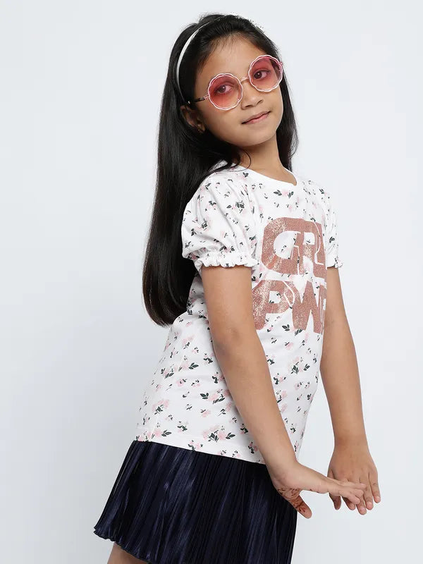 Mettle Girls Floral Printed Puff Sleeves Cotton T-Shirt