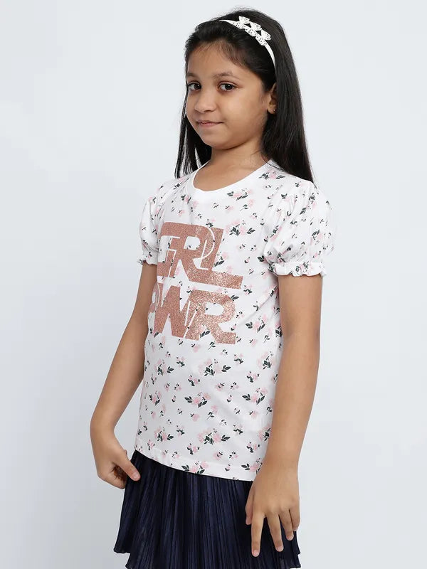 Mettle Girls Floral Printed Puff Sleeves Cotton T-Shirt