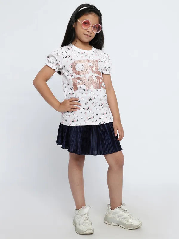 Mettle Girls Floral Printed Puff Sleeves Cotton T-Shirt