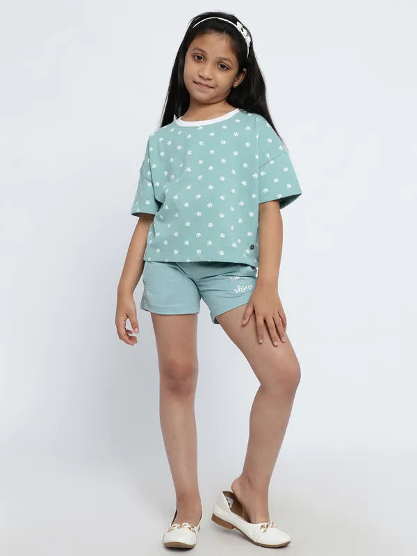 Mettle Girls Floral Printed Drop-Shoulder Sleeves Cotton T-Shirt