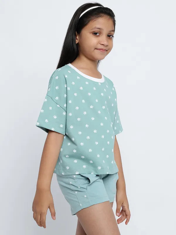 Mettle Girls Floral Printed Drop-Shoulder Sleeves Cotton T-Shirt