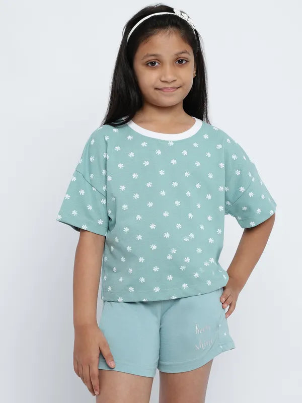 Mettle Girls Floral Printed Drop-Shoulder Sleeves Cotton T-Shirt