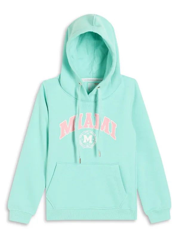 Mettle Girls Green Printed Hooded Sweatshirt