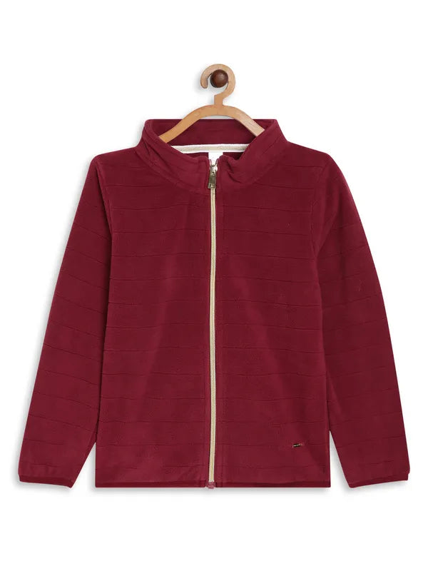 Mettle Girls Maroon Solid Wool Front Open Sweater