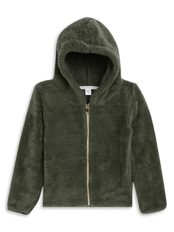 Mettle Girls Olive Green Solid Wool Hooded Front Open Sweater