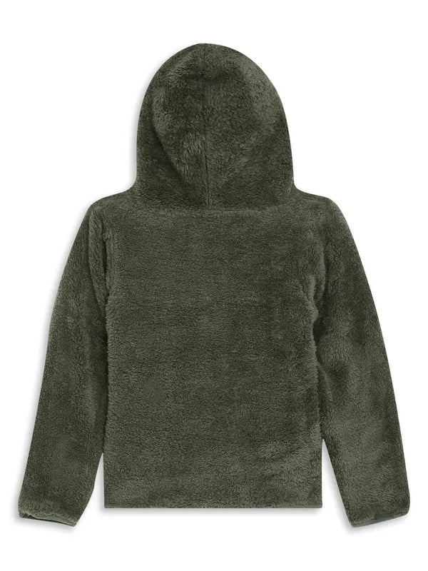 Mettle Girls Olive Green Solid Wool Hooded Front Open Sweater