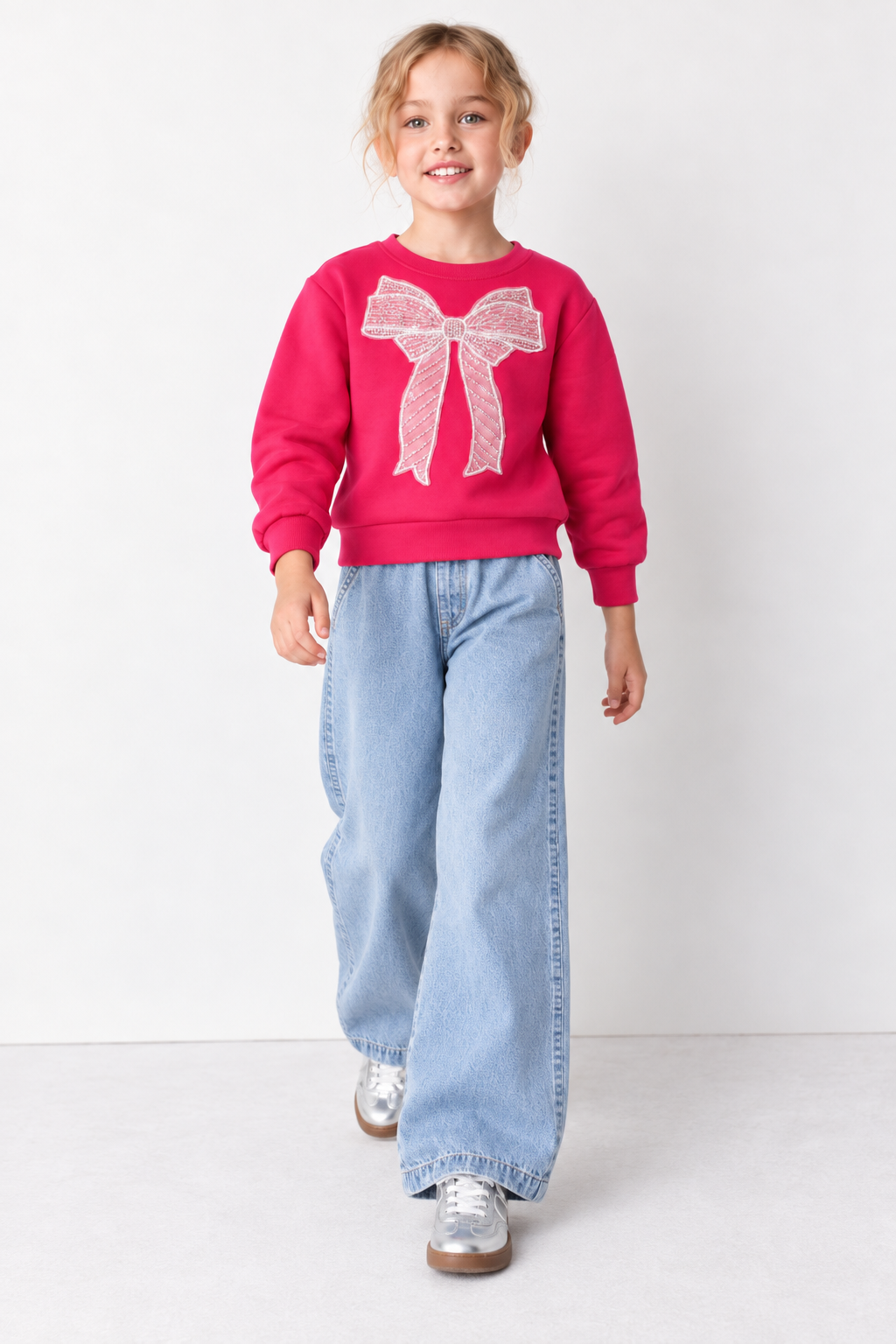 Junior Girls Hot Pink German Velvet Regular Fit Bow Embellished Sweatshirt