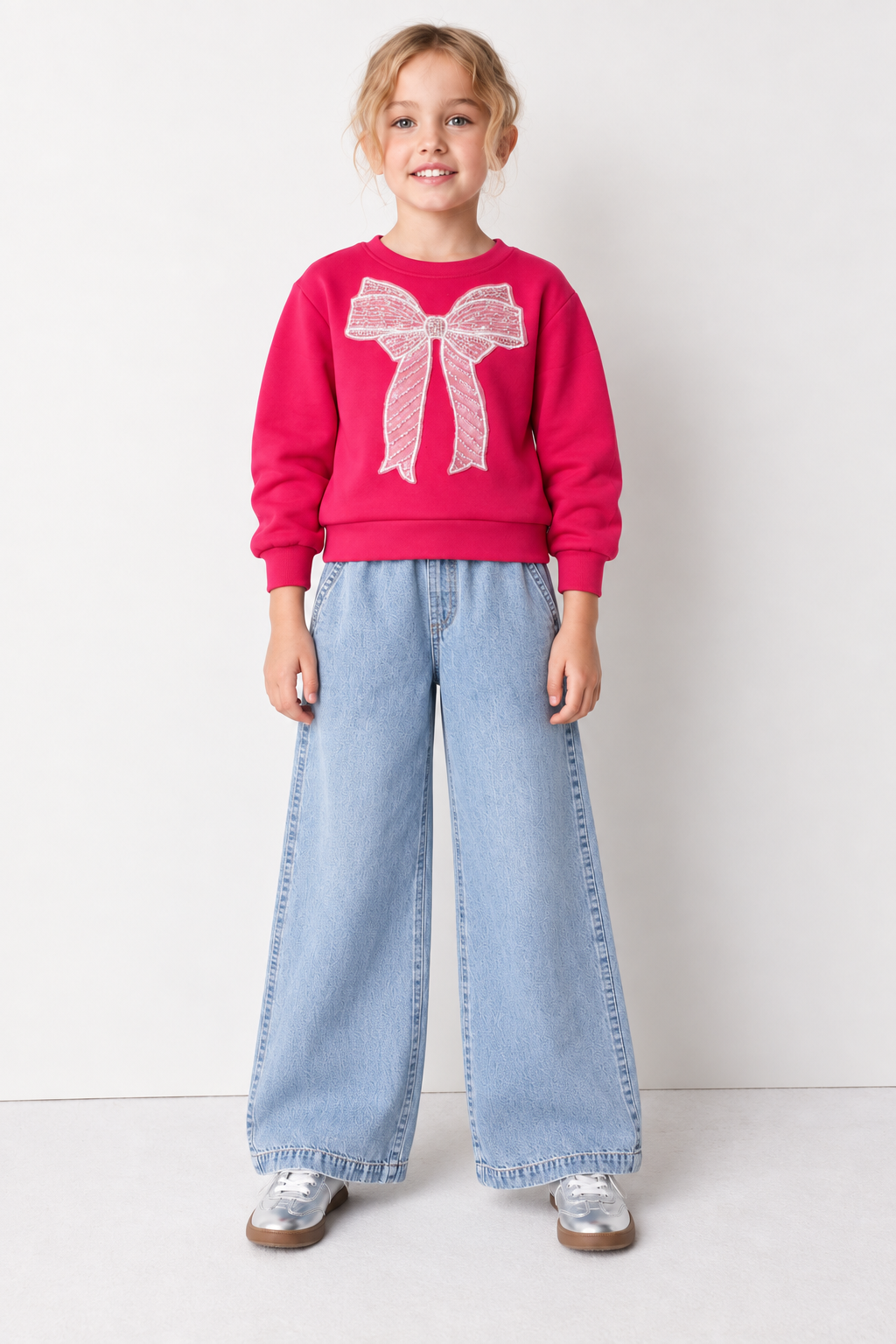 Junior Girls Hot Pink German Velvet Regular Fit Bow Embellished Sweatshirt