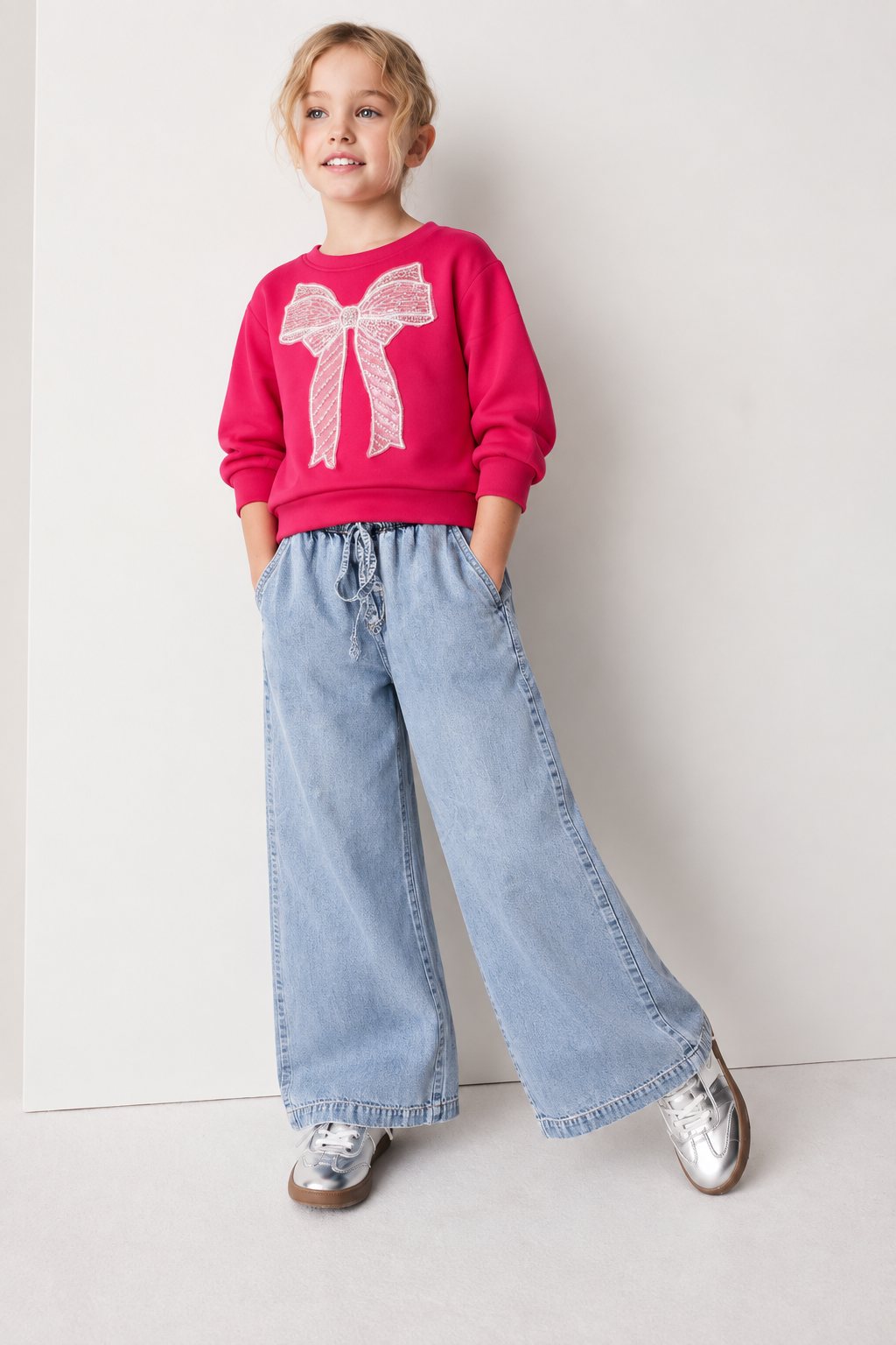 Junior Girls Hot Pink German Velvet Regular Fit Bow Embellished Sweatshirt